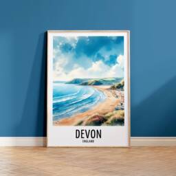 Devon Travel Print - Watercolour Poster Design - Wall Artwork Coast UK Gifts Home Decor Art Gift England Beach Picture - thumbnail 2