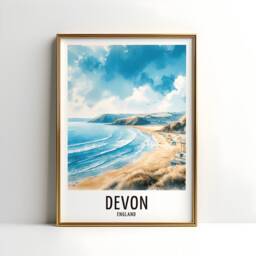 Devon Travel Print - Watercolour Poster Design - Wall Artwork Coast UK Gifts Home Decor Art Gift England Beach Picture - thumbnail 3