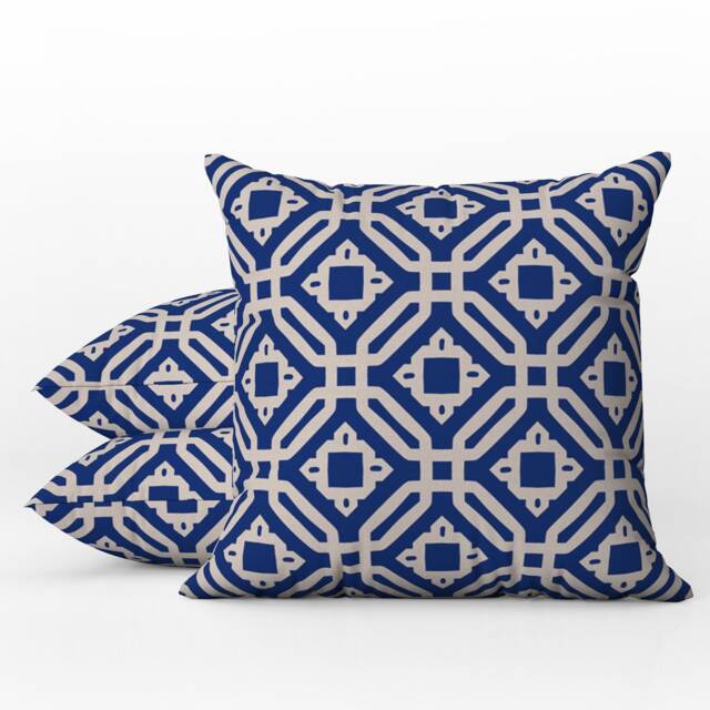 Outdoor Pillows - Weatherproof Garden Cushions Abstract Geometric Pattern Navy Blue & Ecru Print Hamptons Beach House Style - image 1