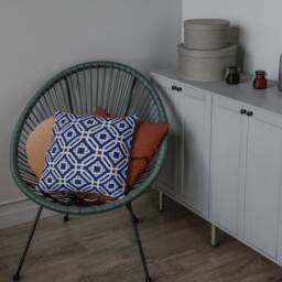 Outdoor Pillows - Weatherproof Garden Cushions Abstract Geometric Pattern Navy Blue & Ecru Print Hamptons Beach House Style - thumbnail 3