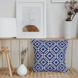 Outdoor Pillows - Weatherproof Garden Cushions Abstract Geometric Pattern Navy Blue & Ecru Print Hamptons Beach House Style - thumbnail 2