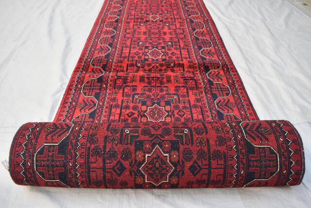 3x16 Ft Handmade Hallway Runner Rug, Afghan Tribal Bukhara Deep Red Corridor Carpet - image 1