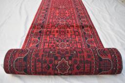 3x16 Ft Handmade Hallway Runner Rug, Afghan Tribal Bukhara Deep Red Corridor Carpet - thumbnail 1