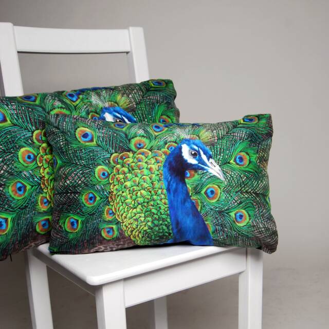 Peacock Cushion - Handmade Digitally Printed Silk Cushion 2 Sizes Available - image 1