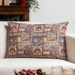Palace Patchwork Tapestry Xl Rectangular Cushion. Old-World Persian Carpet Design in Denim Blue & Yellow Gold. 23X15