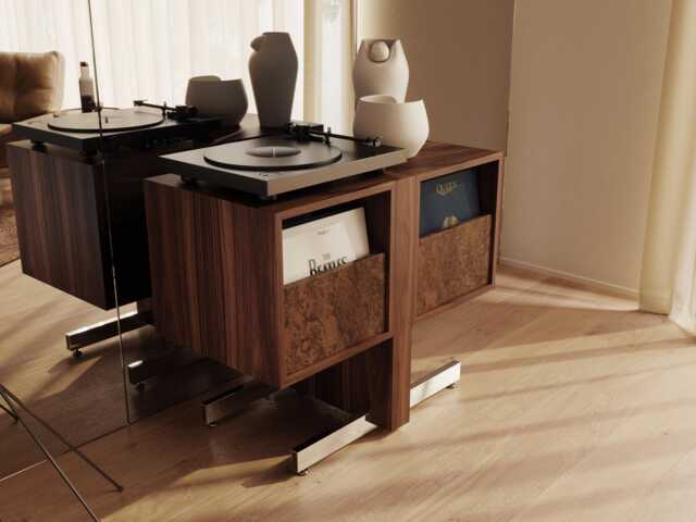 Walnut Record Player Stand, Burl Fronts, Mid Century Modern Vinyl Storage - image 1