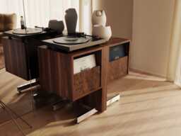 Walnut Record Player Stand, Burl Fronts, Mid Century Modern Vinyl Storage - thumbnail 1