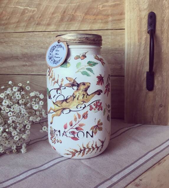 Autumnal Hare Mason Jar - Handmade, Autumn, Vase, Storage, Fall, Home Decor