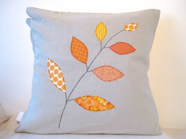 Cushion Cover, Orange Autumn/Fall Leaves On A Branch, Free Motion Applique, Linen, Cotton, 16 - image 1