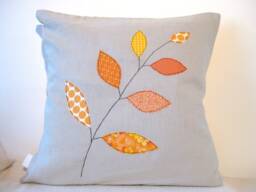 Cushion Cover, Orange Autumn/Fall Leaves On A Branch, Free Motion Applique, Linen, Cotton, 16 - thumbnail 1