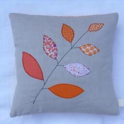 Cushion Cover, Orange Autumn/Fall Leaves On A Branch, Free Motion Applique, Linen, Cotton, 16 - thumbnail 2