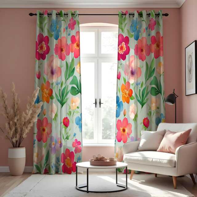 Bright Watercolor Floral Curtains, Colorful Spring Garden Pattern Drapes, Pink Blue Orange Flower Window Panels - image 1