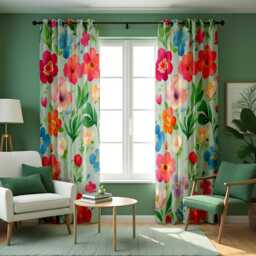 Bright Watercolor Floral Curtains, Colorful Spring Garden Pattern Drapes, Pink Blue Orange Flower Window Panels - thumbnail 2