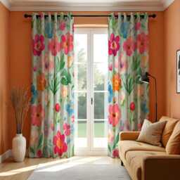 Bright Watercolor Floral Curtains, Colorful Spring Garden Pattern Drapes, Pink Blue Orange Flower Window Panels - thumbnail 3