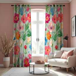 Bright Watercolor Floral Curtains, Colorful Spring Garden Pattern Drapes, Pink Blue Orange Flower Window Panels