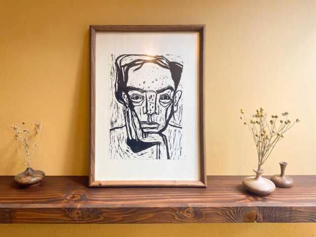 Handmade Linocut Print Wooden Frame, Wall Art Decor Table, Bohemian Style Decor, Vincent Van Gogh, Unique Piece, , Wallhanging Art - image 1
