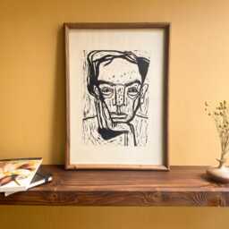 Handmade Linocut Print Wooden Frame, Wall Art Decor Table, Bohemian Style Decor, Vincent Van Gogh, Unique Piece, , Wallhanging Art - thumbnail 2