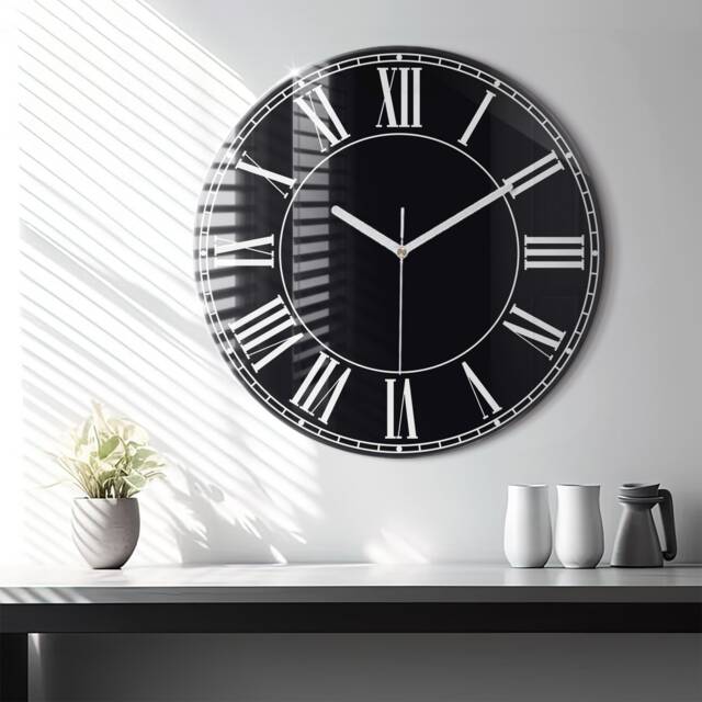 Roman Numbers Clock, Retro Look Glass Black & White Printed Round Wall Personalized Modern Clock - image 1