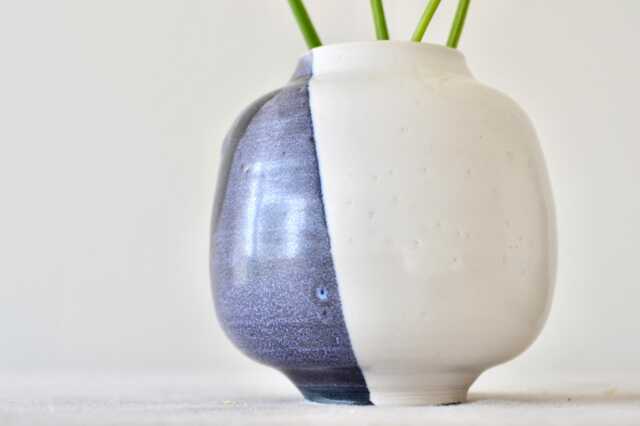 Handmade Half Moon Stoneware Vase Blue & White Korean Pottery, Modern Minimalist Japandi Decor - image 1