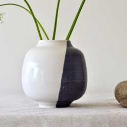 Handmade Half Moon Stoneware Vase Blue & White Korean Pottery, Modern Minimalist Japandi Decor - thumbnail 2