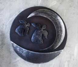 Industrial Metal Round Wall Sculpture, With Angels & Moon, Original Art By The Steel Style Tings