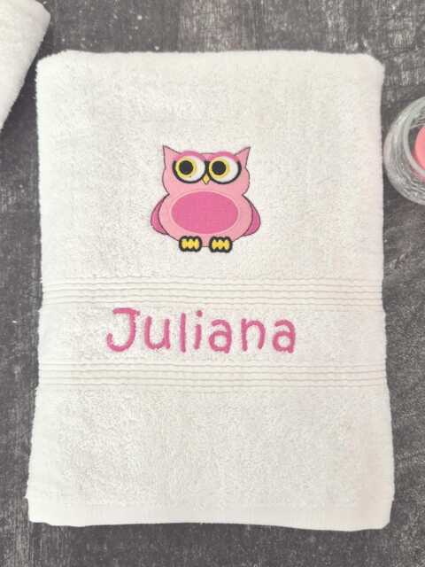 Personalised Towel - Owl & Name Embroidered Pink Blue Or White Bath Towels - image 1