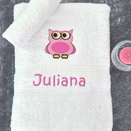 Personalised Towel - Owl & Name Embroidered Pink Blue Or White Bath Towels - thumbnail 2