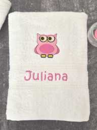 Personalised Towel - Owl & Name Embroidered Pink Blue Or White Bath Towels