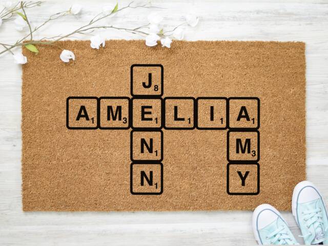 Scrabble Tiles Custom Family Name Doormat - Anniversary Gift Wedding Housewarming Mr & Mrs Personalized - image 1