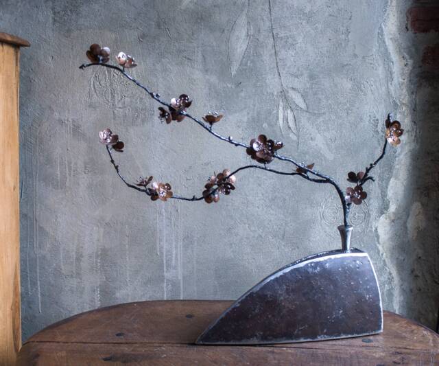 Metal Sculpture Sakura Japanese Cherry Blossom With A Vase, Made From Iron & Copper By The Steel Style Things - image 1
