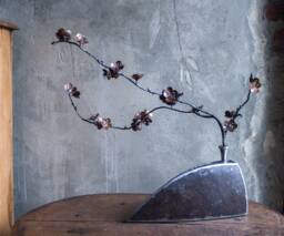 Metal Sculpture Sakura Japanese Cherry Blossom With A Vase, Made From Iron & Copper By The Steel Style Things