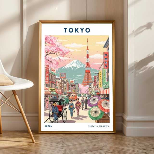 Tokyo Tower & Mount Fuji Print Japanese Retro Cityscape Art - image 1