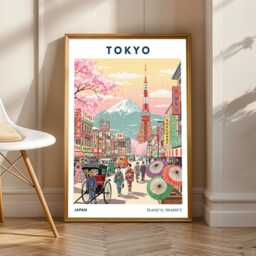 Tokyo Tower & Mount Fuji Print Japanese Retro Cityscape Art - thumbnail 1