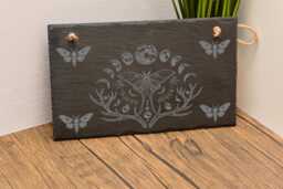 Lunar Moth Slate Hanging Sign - Engraved Gothic Pagan Wall Art, Witchy Moon Phase Decor, Wiccan Altar Plaque, Norse Spiritual Gift