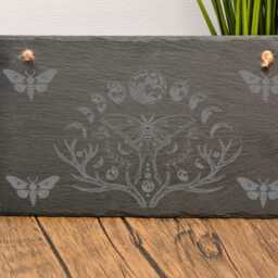 Lunar Moth Slate Hanging Sign - Engraved Gothic Pagan Wall Art, Witchy Moon Phase Decor, Wiccan Altar Plaque, Norse Spiritual Gift - thumbnail 2