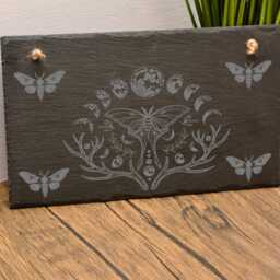 Lunar Moth Slate Hanging Sign - Engraved Gothic Pagan Wall Art, Witchy Moon Phase Decor, Wiccan Altar Plaque, Norse Spiritual Gift - thumbnail 3
