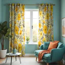 Yellow Floral Curtains, Bold Botanical Drapes, Mustard & Olive Green Flower Print Panels, Custom Made Cheerful Living Room - thumbnail 2