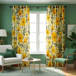 Yellow Floral Curtains, Bold Botanical Drapes, Mustard & Olive Green Flower Print Panels, Custom Made Cheerful Living Room - thumbnail 1