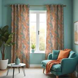 Rust Orange & Teal Leaf Pattern Curtains, Soft Botanical Print Drapes For Living Room, Modern Nature Inspired Window Treatments - thumbnail 2