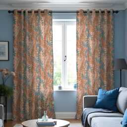 Rust Orange & Teal Leaf Pattern Curtains, Soft Botanical Print Drapes For Living Room, Modern Nature Inspired Window Treatments - thumbnail 3