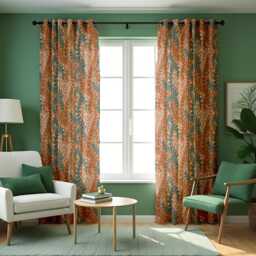 Rust Orange & Teal Leaf Pattern Curtains, Soft Botanical Print Drapes For Living Room, Modern Nature Inspired Window Treatments - thumbnail 4