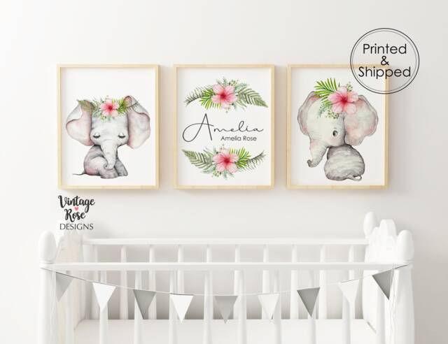 Set Of 3 Nursery Prints, Elephant Print, Decor, Art, New Baby Gift, Personalised Girls Decor - image 1