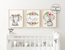 Set Of 3 Nursery Prints, Elephant Print, Decor, Art, New Baby Gift, Personalised Girls Decor - thumbnail 1