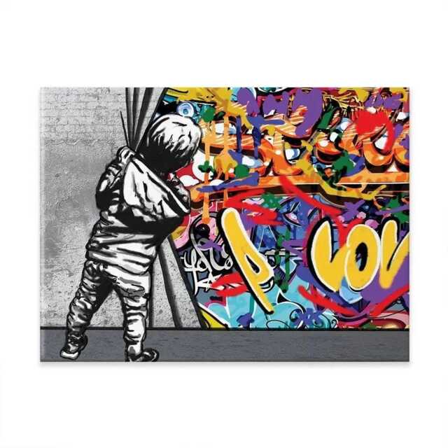 Banksy Canvas Print, Boy Pulling Curtain, Graffiti Urban Wall Art - image 1