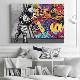 Banksy Canvas Print, Boy Pulling Curtain, Graffiti Urban Wall Art - thumbnail 2