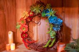Lg. Faux Air Plant & Succulent Wreath with Fairy Lights - thumbnail 1
