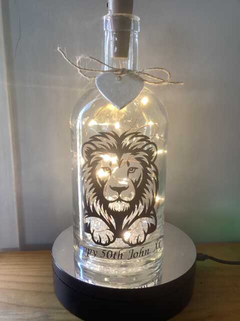Personalised Lion Light Up Bottle, Bottle Lamp With Gift Messaging Service & Bag