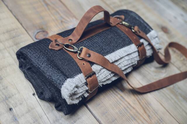 Linen Cotton Throw Blanket With Leather Handle Strap - Herringbone Picnic - image 1