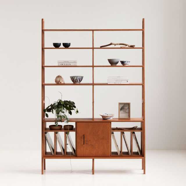 Grand Bookcase 214 cm With Two Vinyl Bays & Cabinet, Tall Record Wall Unit 143 Wide, Mid Century Modern, Custom Size - image 1