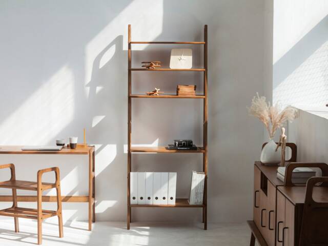 Mid Century Bookcase, 5-Tier Walnut Ladder Bookshelf, Wooden Bookshelf - image 1